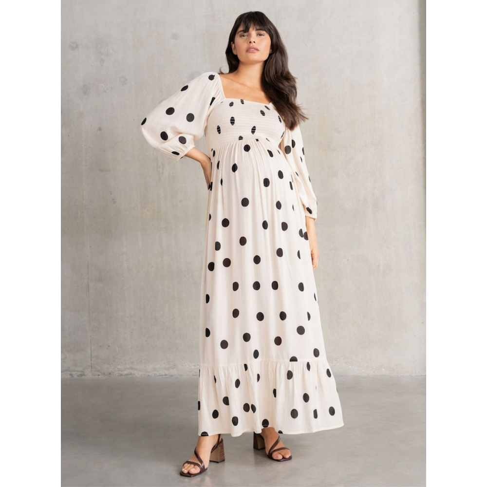 Seraphine Polka Dot Maxi Dress – Cream & Black, Smocked Bodice, Flowing Maternit